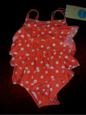 Mini Boden Watermelon Tiered Polka Dot Ruffle One-Piece Swimsuit 6-12 M